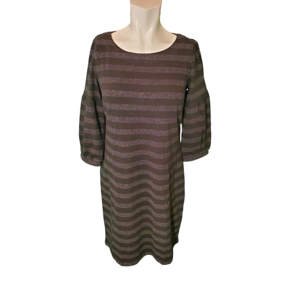 Talbots Black Silver Puff Sleeve Metallic Stripe Knit Shift Dress sz Sm NEW